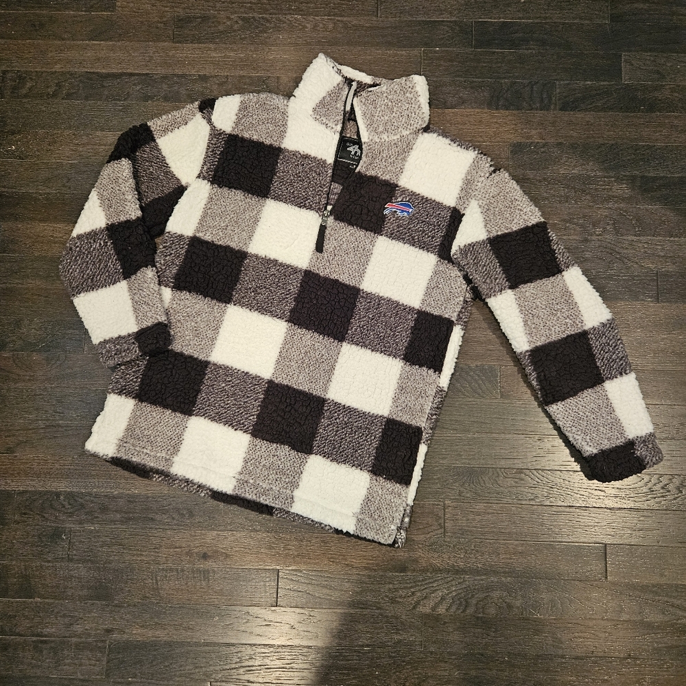 NFL Buffalo Bills Black Cream Plaid Sherpa Pullover Hoodie